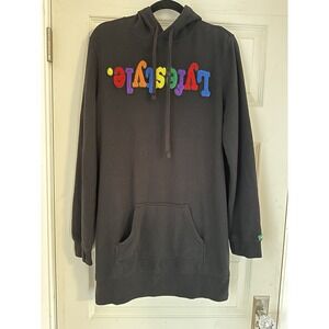 VTG Lyfestyle Black Upside Down Logo Hoodie Sweatshirt Mens SZ XL Made Brooklyn